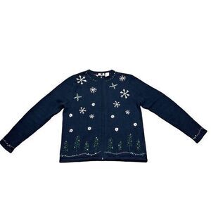 Field Gear Womens Navy Blue Embroidered Snowflake Christmas Tree Zip Cardigan S